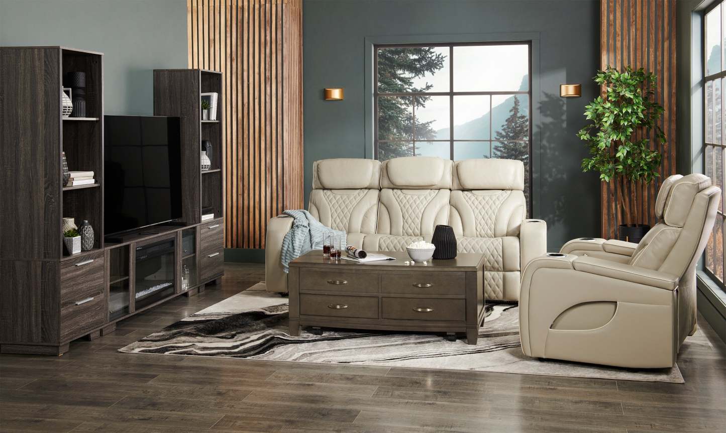 Elite 86 Genuine Leather Massage Power Reclining Sofa with Power Headrests and Storage Arms - Grey | Sofa de massage à inclinaison électrique Elite de 86 po en cuir véritable avec appuie-têtes électriques et accoudoirs de rangement - gris