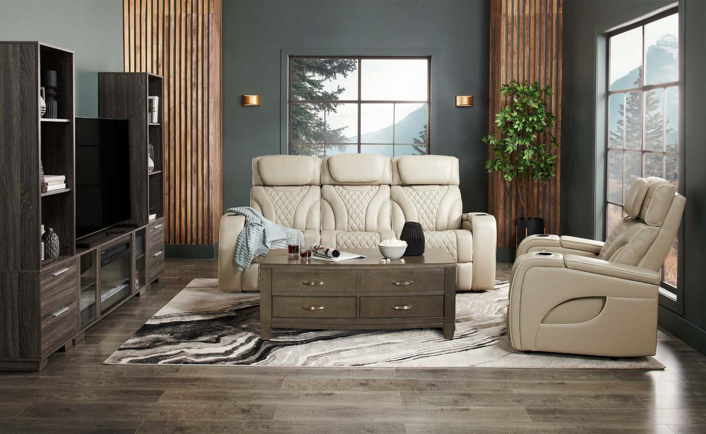 Elite 86 Genuine Leather Massage Power Reclining Sofa with Power Headrests and Storage Arms - Grey | Sofa de massage à inclinaison électrique Elite de 86 po en cuir véritable avec appuie-têtes électriques et accoudoirs de rangement - gris