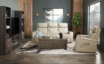 Elite 86 Genuine Leather Massage Power Reclining Sofa with Power Headrests and Storage Arms - Grey | Sofa de massage à inclinaison électrique Elite de 86 po en cuir véritable avec appuie-têtes électriques et accoudoirs de rangement - gris