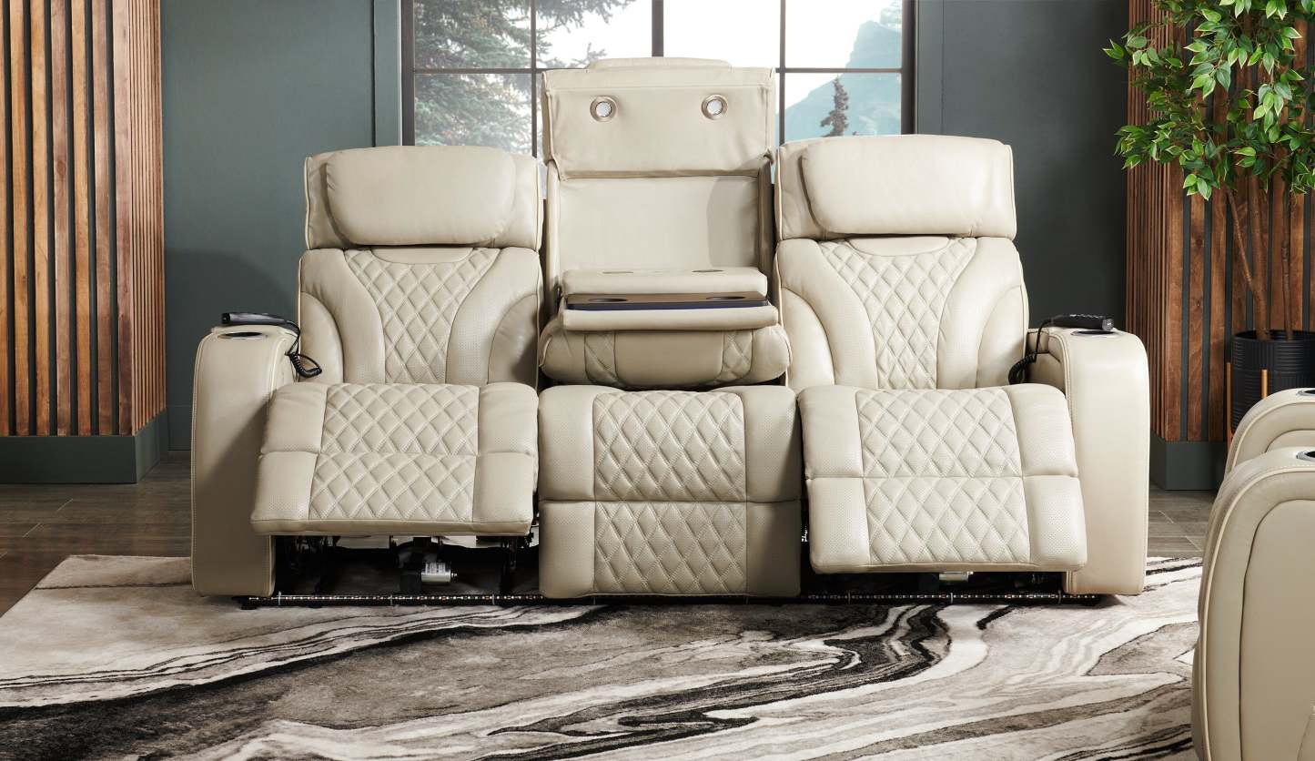 Elite 86 Genuine Leather Massage Power Reclining Sofa with Power Headrests and Storage Arms - Grey | Sofa de massage à inclinaison électrique Elite de 86 po en cuir véritable avec appuie-têtes électriques et accoudoirs de rangement - gris