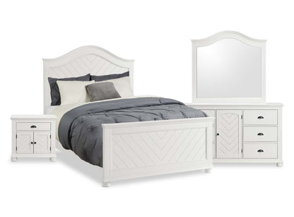 Ensemble de chambre à coucher Ella 6 pièces avec lit à panneaux, commode, miroir et table de nuit, blanc - Pleine grandeur | Ensemble de chambre à coucher Ella 6 pièces blanc avec lit à panneaux, commode, miroir et table de nuit - format lit double