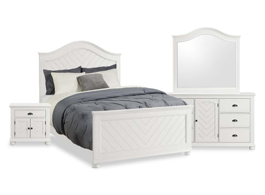 Ensemble de chambre à coucher Ella 6 pièces avec lit à panneaux, commode, miroir et table de nuit, blanc - Pleine grandeur | Ensemble de chambre à coucher Ella 6 pièces blanc avec lit à panneaux, commode, miroir et table de nuit - format lit double