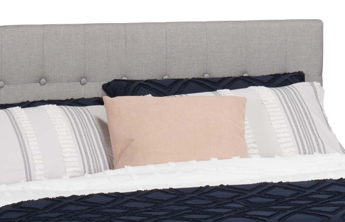 Tête de lit rembourrée Ellis en tissu gris, capitonné à boutons - Queen Size | Tête de lit rembourrée Ellis en tissu gris avec capitonnage à boutons - format grand lit