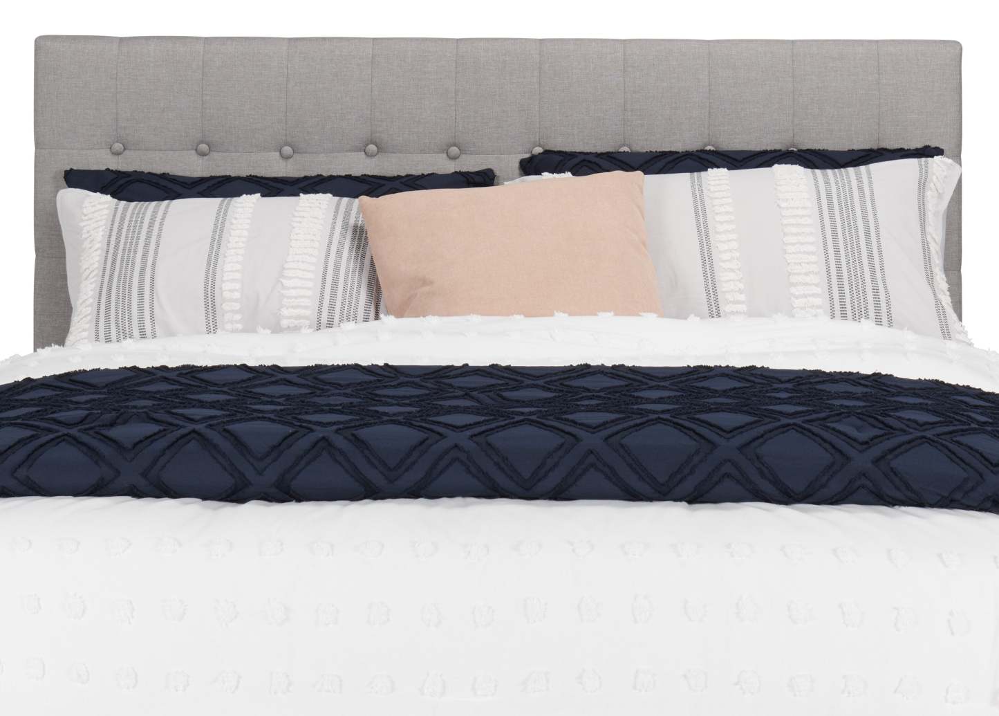 Tête de lit rembourrée Ellis en tissu gris, capitonné à boutons - Queen Size | Tête de lit rembourrée Ellis en tissu gris avec capitonnage à boutons - format grand lit