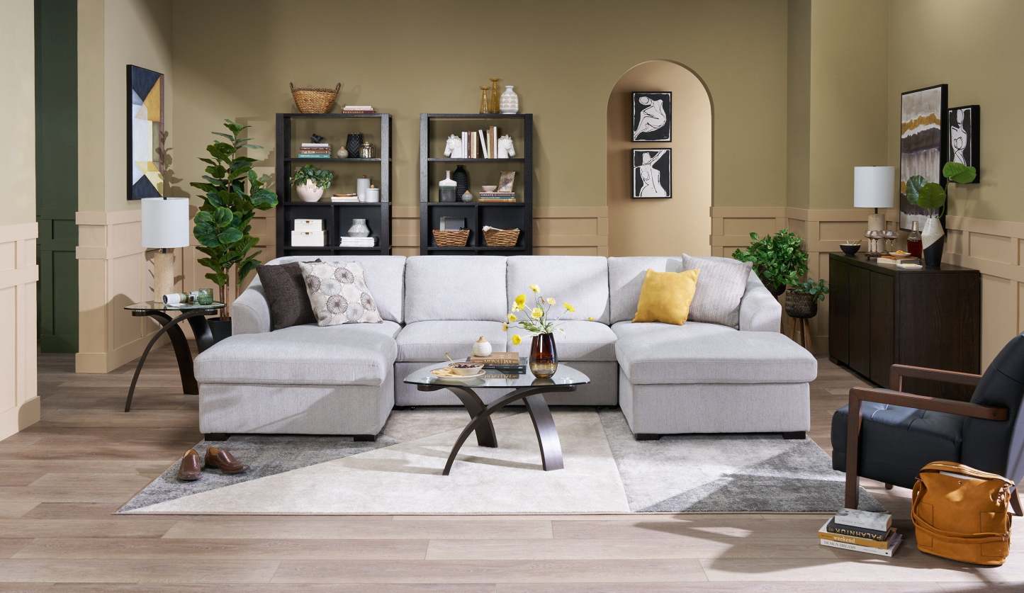 Envy 3-Piece Chenille Fabric Sleeper Sectional with Two Storage Chaises - Fog Grey | Canapé-lit sectionnel Envy 3 pièces en tissu de chenille avec 2 chaises longues de rangement - gris brouillard