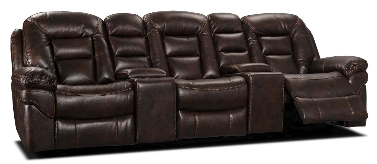 Sofa sectionnel inclinable Leo 5 pièces de style cinéma maison en similicuir avec consoles de rangement et porte-gobelets - brun noyer