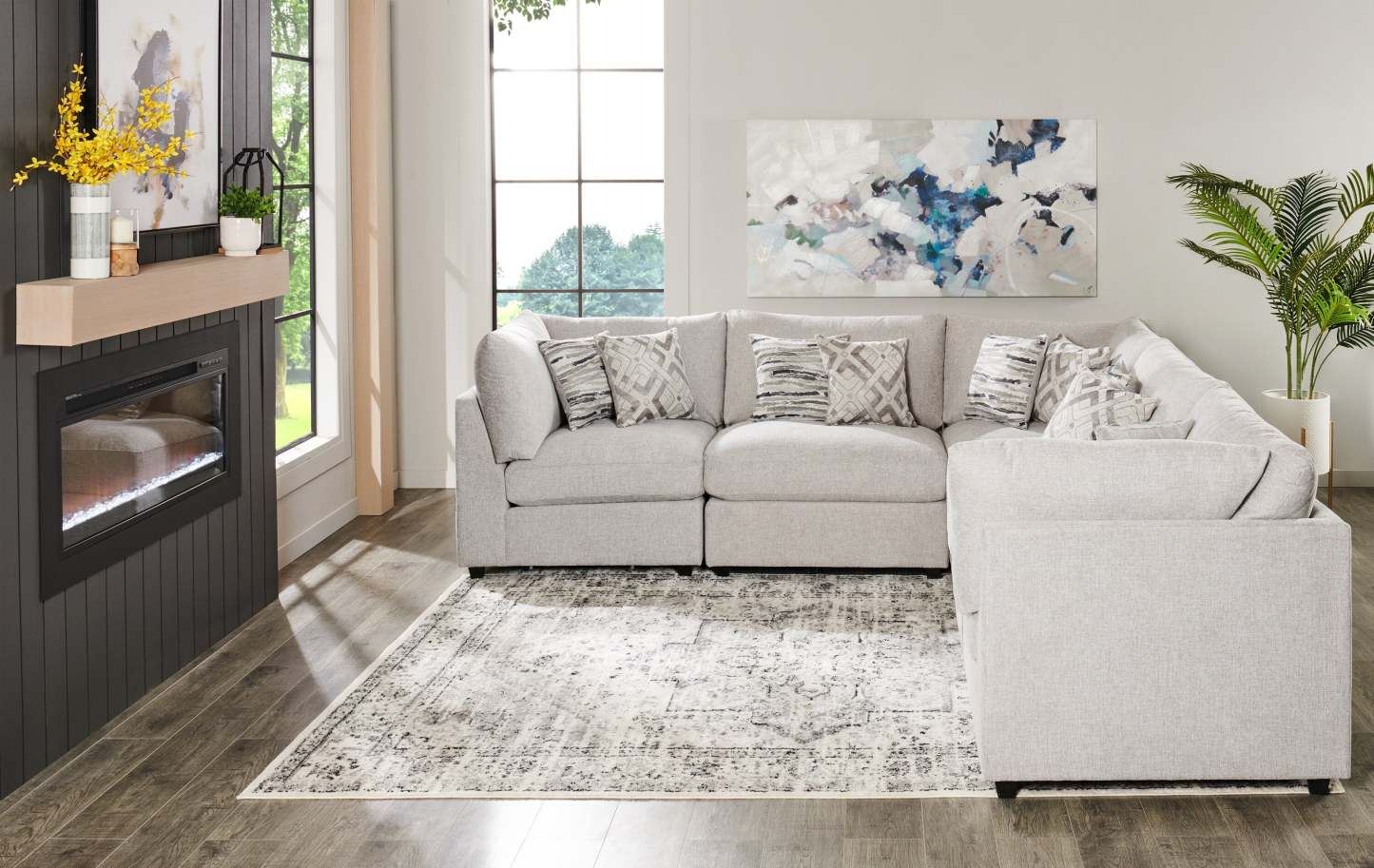 Scott Living Canapé modulaire Evolve 5 pièces en tissu d'apparence lin avec coussins en plumes - Gris | Canapé sectionnel modulaire Evolve de Scott Living 5 pièces en tissu d'apparence lin avec coussins en couette et plumes - gris