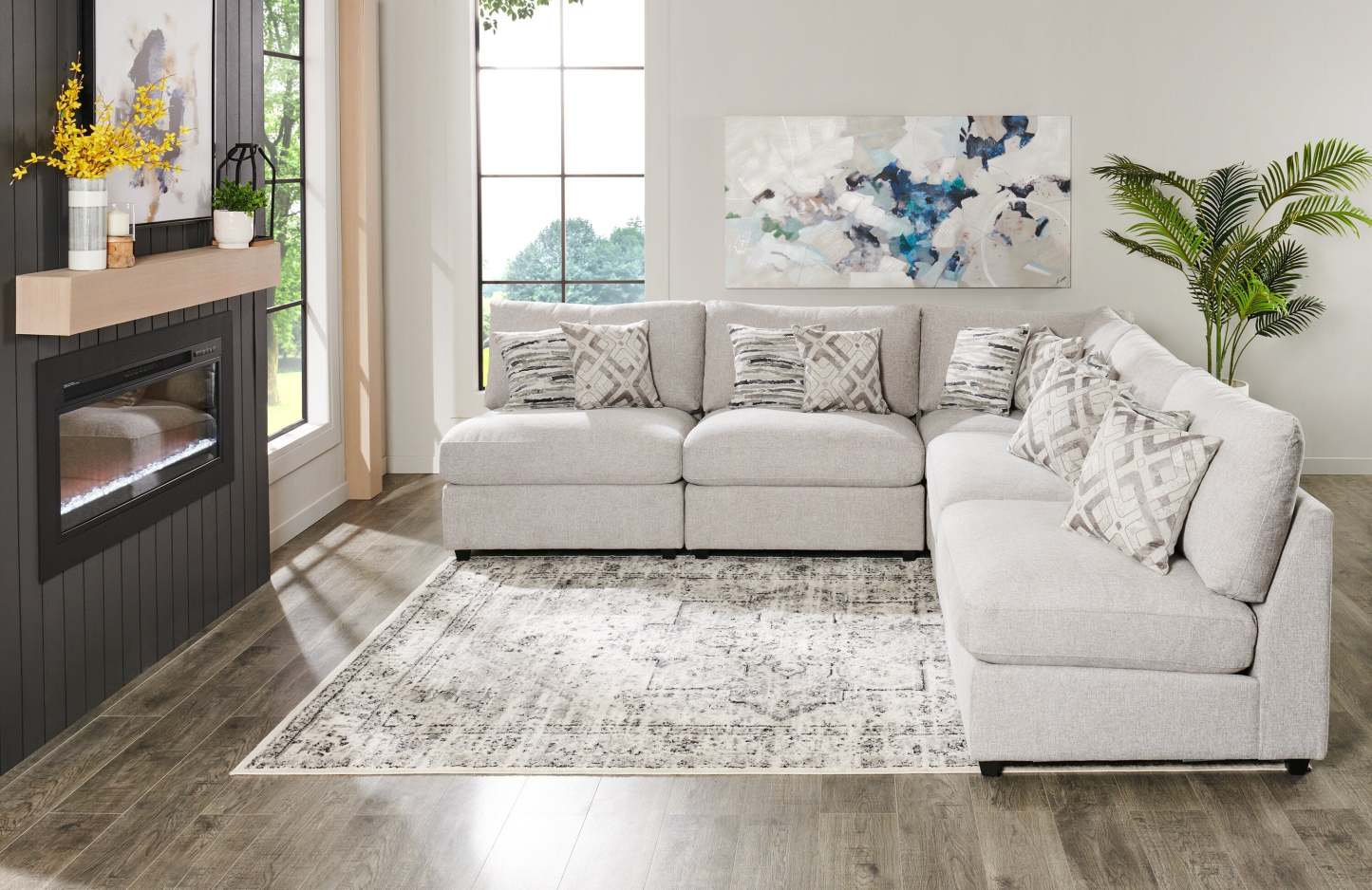 Scott Living Evolve Modular 5-Piece Linen-Look Fabric Armless Sectional with Feather Down Cushions - Grey | Canapé sectionnel sans accoudoirs modulaire Evolve de Scott Living 5 pièces en tissu d'apparence lin avec coussins en duvet et plumes - gris