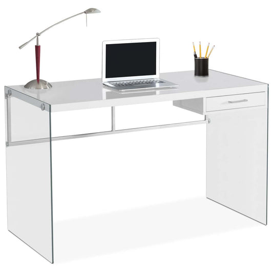 Kylie 48 Computer Office Desk with Drawer - White with Glass Legs|Bureau d'ordinateur Kylie de 48 po avec tiroir - blanc avec pattes en verre
