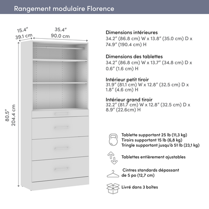Système de tour garde-robe et pièce-penderie modulaire Florence de Bestar de 36 po avec tablettes et 4 tiroirs de style lisse - blanche