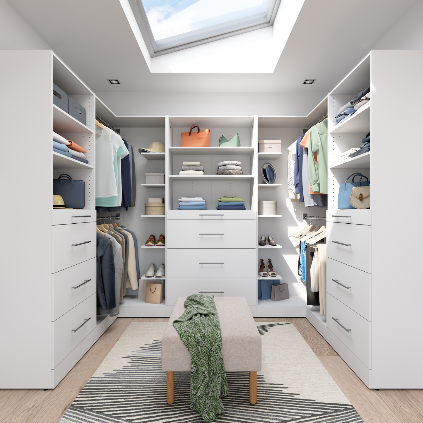Bestar Florence 105 Système de pièce-penderie en forme de U modulaire avec tringles, tablettes et tiroirs de style lisse - blanc