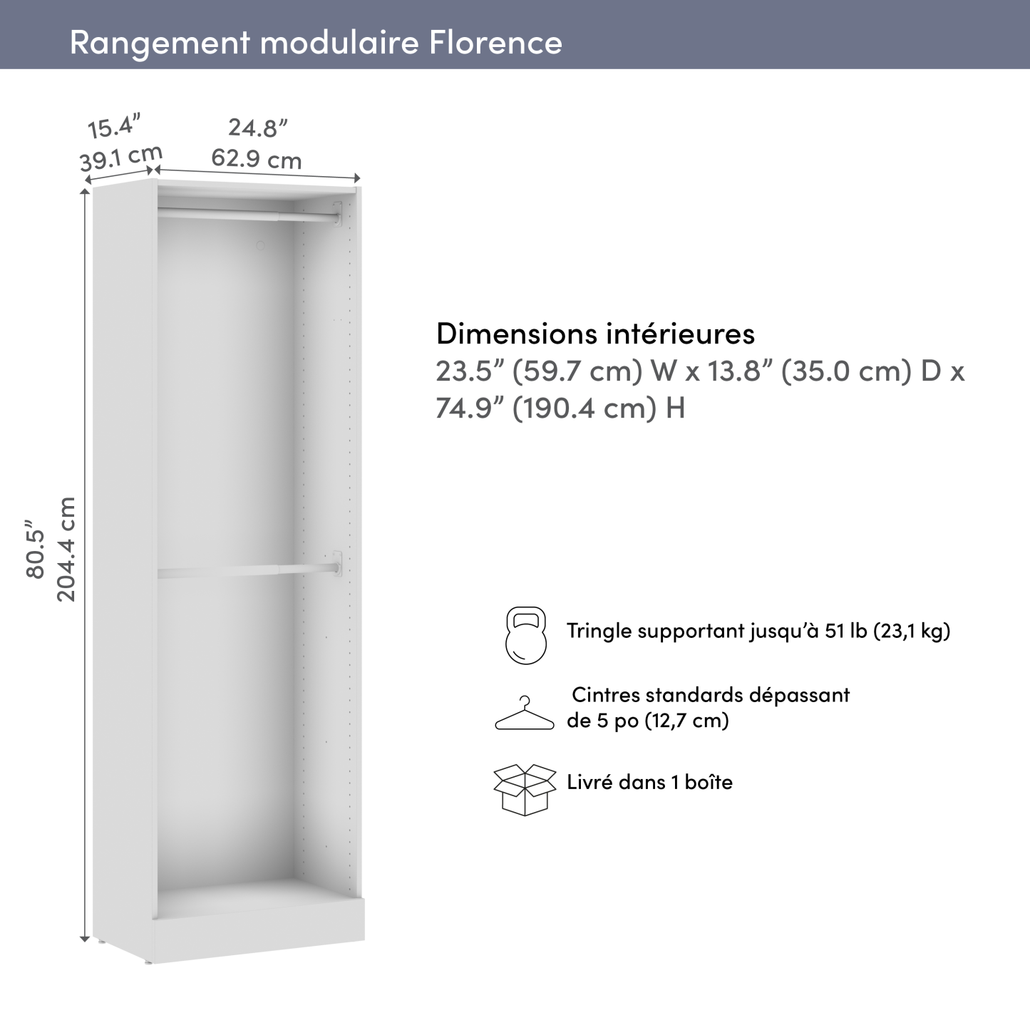 Bestar Florence 25 Modular Double Hanging Closet System - White|Système de garde-robe modulaire à 2 espaces pour suspension Florence de Bestar de 25 po - blanc