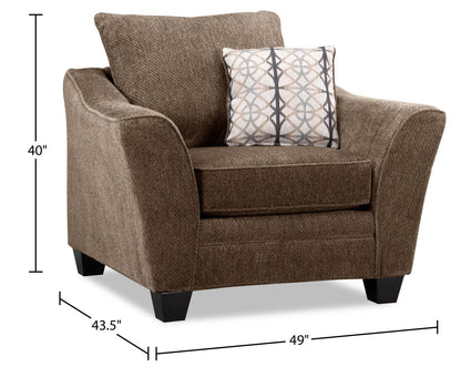 Fauteuil Febe de 49 po fabriqué au Canada en tissu de chenille avec accoudoirs évasés et pattes en bois - brun