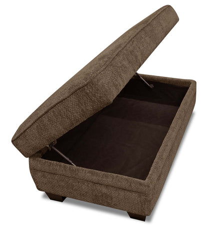 Fabriqué au Canada Febe 26 Pouf de rangement en tissu chenille avec pieds en bois - Marron | Pouf de rangement Febe de 26 po fabriqué au Canada en tissu de chenille avec pattes en bois - brun