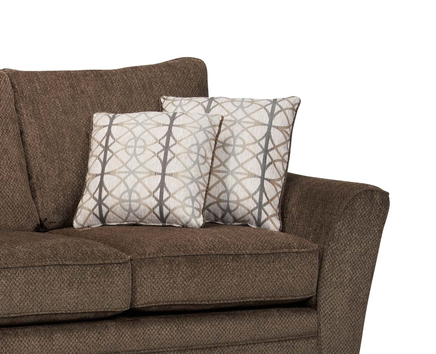 Made in Canada Febe 64 Chenille Fabric Condo Size Loveseat with Flared Arms and Accent Pillows - Brown | Causeuse Febe de 64 po de format condo fabriquée au Canada en tissu de chenille avec accoudoirs évasés et coussins décoratifs - brune