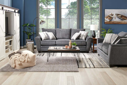 Causeuse Febe de 75 po fabriquée au Canada en tissu de chenille avec accoudoirs évasés et coussins décoratifs - gris anthracite