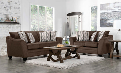 Made in Canada Febe 64 Chenille Fabric Condo Size Loveseat with Flared Arms and Accent Pillows - Brown | Causeuse Febe de 64 po de format condo fabriquée au Canada en tissu de chenille avec accoudoirs évasés et coussins décoratifs - brune