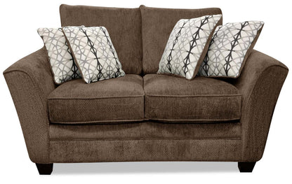 Made in Canada Febe 64 Chenille Fabric Condo Size Loveseat with Flared Arms and Accent Pillows - Brown | Causeuse Febe de 64 po de format condo fabriquée au Canada en tissu de chenille avec accoudoirs évasés et coussins décoratifs - brune