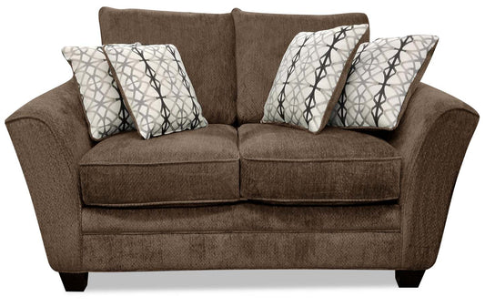 Made in Canada Febe 64 Chenille Fabric Condo Size Loveseat with Flared Arms and Accent Pillows - Brown | Causeuse Febe de 64 po de format condo fabriquée au Canada en tissu de chenille avec accoudoirs évasés et coussins décoratifs - brune