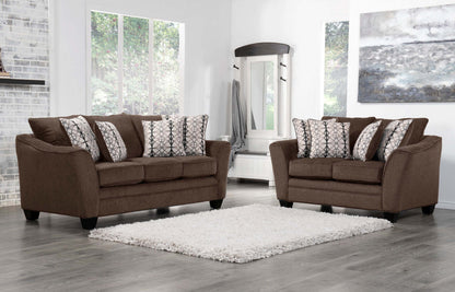 Made in Canada Febe 64 Chenille Fabric Condo Size Loveseat with Flared Arms and Accent Pillows - Brown | Causeuse Febe de 64 po de format condo fabriquée au Canada en tissu de chenille avec accoudoirs évasés et coussins décoratifs - brune