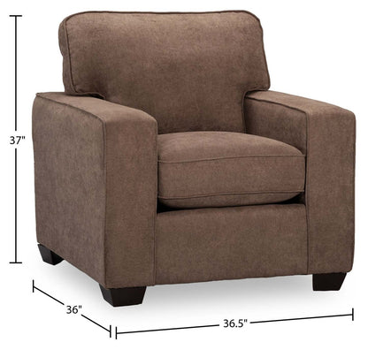 Fauteuil Fiona de 36,5 po fabriqué au Canada en tissu de chenille avec accoudoirs rectilignes - brun moka