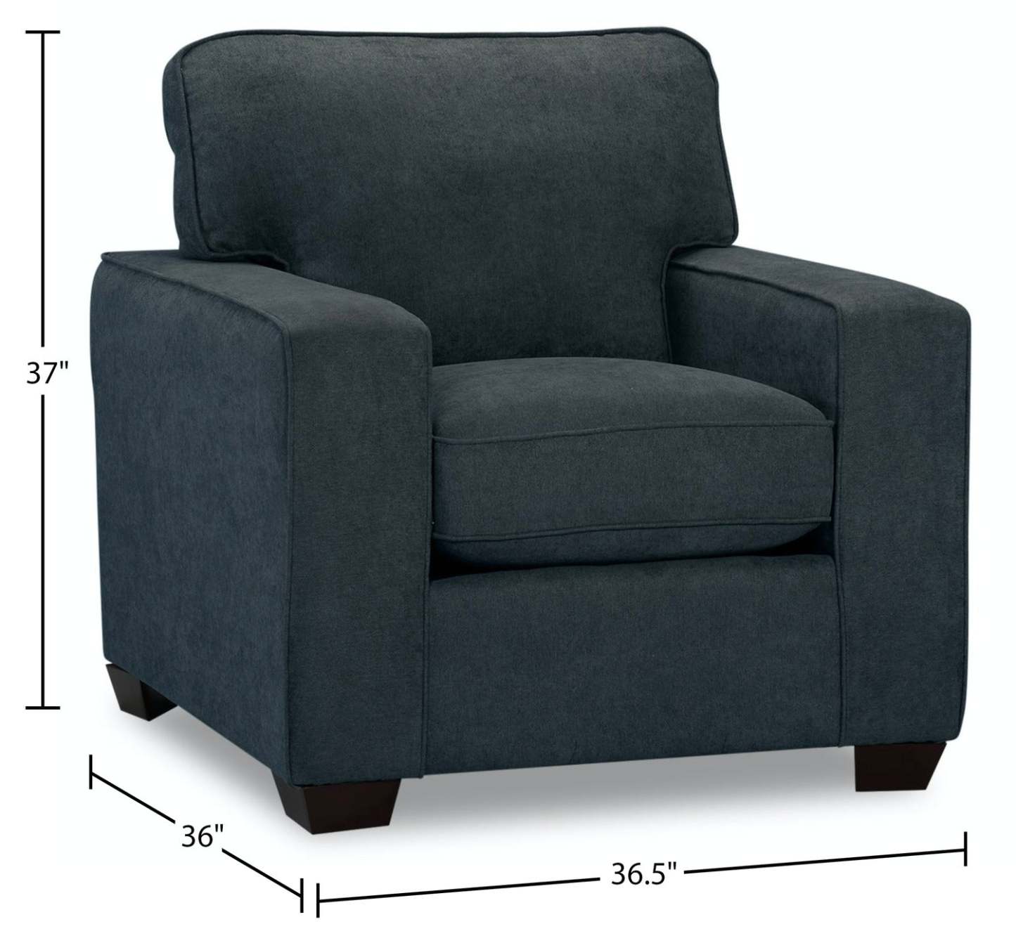 Fauteuil Fiona de 36,5 po fabriqué au Canada en tissu de chenille avec accoudoirs rectilignes - bleu marine