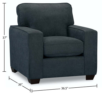 Fauteuil Fiona de 36,5 po fabriqué au Canada en tissu de chenille avec accoudoirs rectilignes - bleu marine