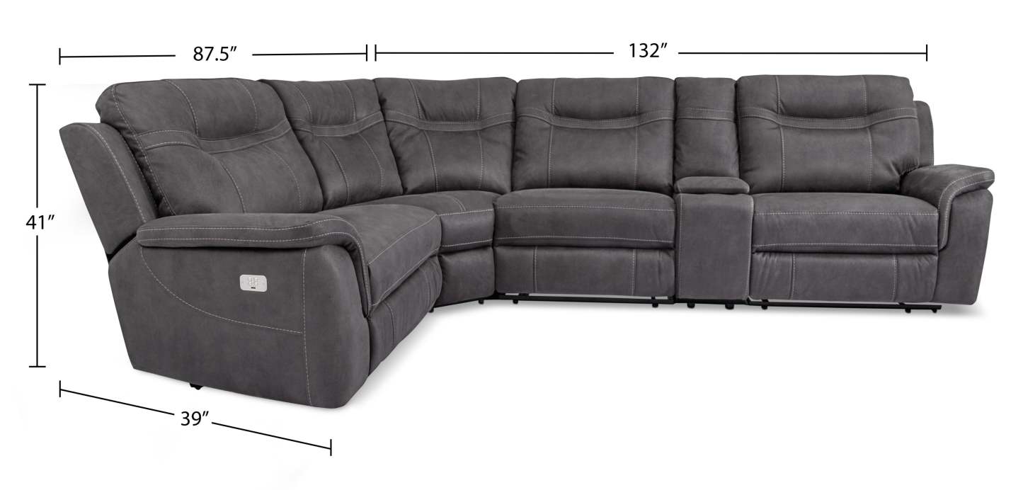 Sofa sectionnel à inclinaison électrique Floy 5 pièces en suédine avec appuie-têtes électriques, console de rangement et port USB - gris