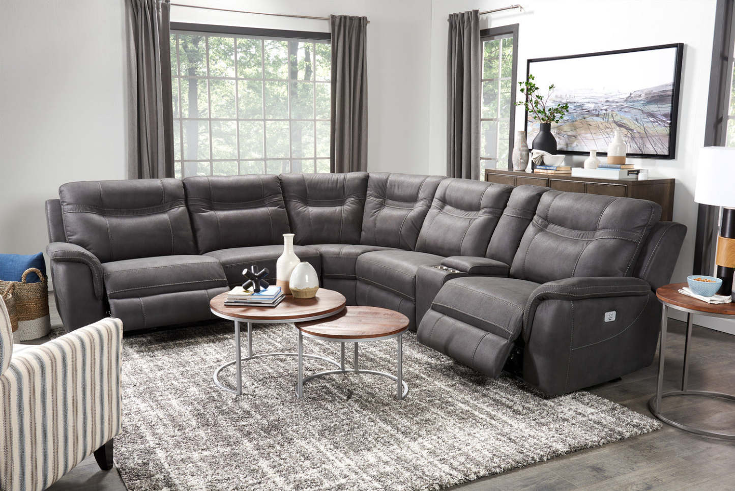 Sofa sectionnel à inclinaison électrique Floy 6 pièces en suédine avec appuie-têtes électriques, console de rangement et port USB - gris