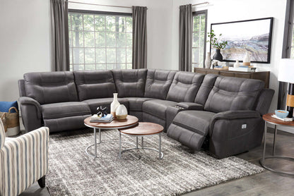 Sofa sectionnel à inclinaison électrique Floy 6 pièces en suédine avec appuie-têtes électriques, console de rangement et port USB - gris