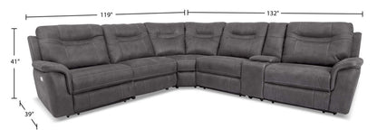 Sofa sectionnel à inclinaison électrique Floy 6 pièces en suédine avec appuie-têtes électriques, console de rangement et port USB - gris