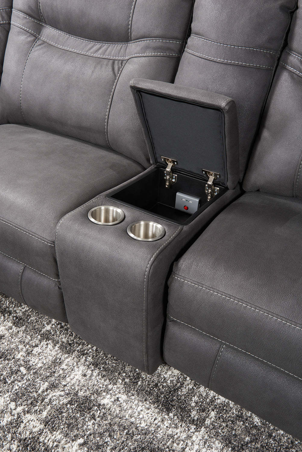 Sofa sectionnel à inclinaison électrique Floy 6 pièces en suédine avec appuie-têtes électriques, console de rangement et port USB - gris