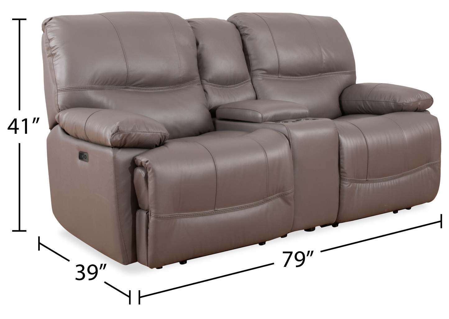 Franco 79 Genuine Leather Zero Gravity Power Reclining Loveseat with Storage Console and USB Ports - Grey | Causeuse à inclinaison électrique Franco de 79 po en cuir véritable avec position zéro gravité, console de rangement et ports USB - grise