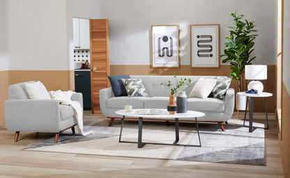 Sofa en tissu d’apparence lin Freeman 88 de Kort & Co. avec base en bois et coussins de dossier capitonnés - blanc colombe | Sofa Freeman Kort & Co. de 88 po en tissu d’apparence lin avec pattes en bois et coussins de dossier capitonnés - blanc colombe