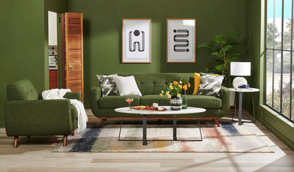 Sofa en tissu d’apparence lin Freeman 88 de Kort & Co. avec base en bois et coussins de dossier capitonnés - vert avocat