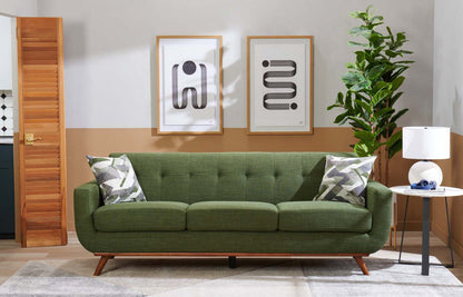 Sofa en tissu d’apparence lin Freeman 88 de Kort & Co. avec base en bois et coussins de dossier capitonnés - vert avocat