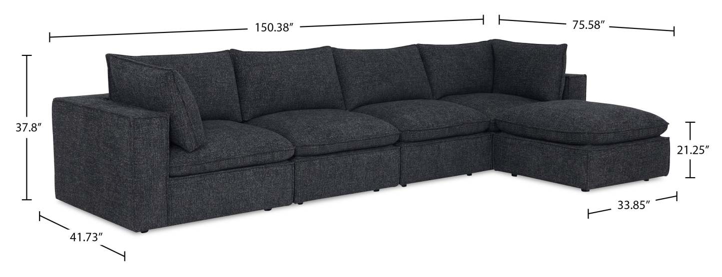 Sofa sectionnel modulaire Fusion 5 pièces en tissu de chenille gris anthracite avec coussins en duvet et plumes et pouf