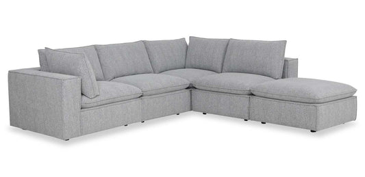 Sofa sectionnel modulaire Fusion 5 pièces en tissu de chenille gris argenté avec coussins en duvet et plumes et pouf