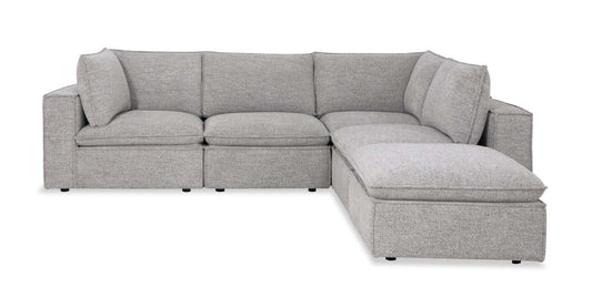 Sofa sectionnel modulaire Fusion 5 pièces en tissu de chenille gris argenté avec coussins en duvet et plumes et pouf