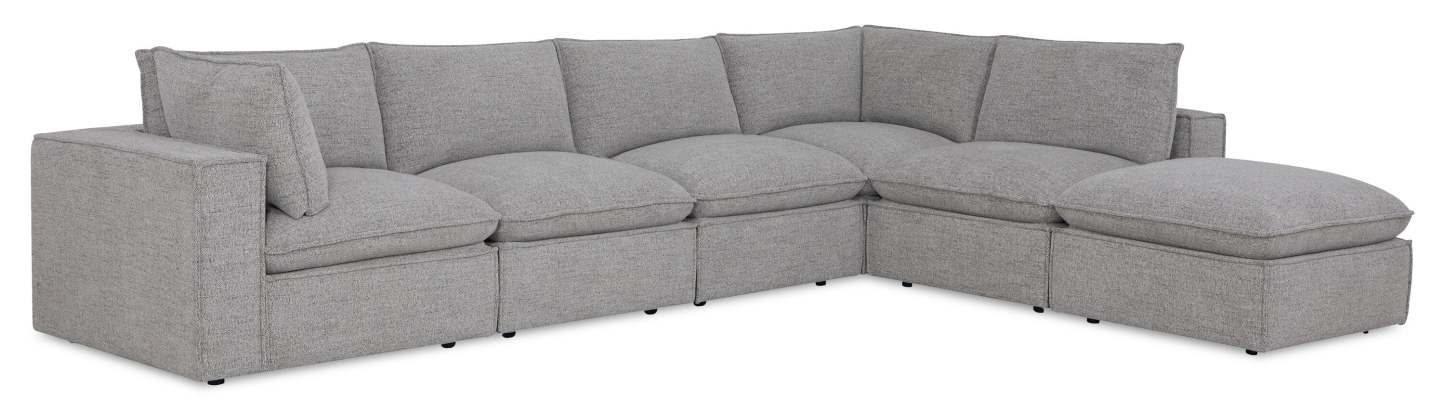 Fusion modulaire 6 pièces en tissu chenille gris argenté avec coussins de dossier amovibles en plumes | Sectionnel modulaire Fusion 6 pièces en tissu de chenille gris argenté avec coussins de dossier amovibles en couette et plumes