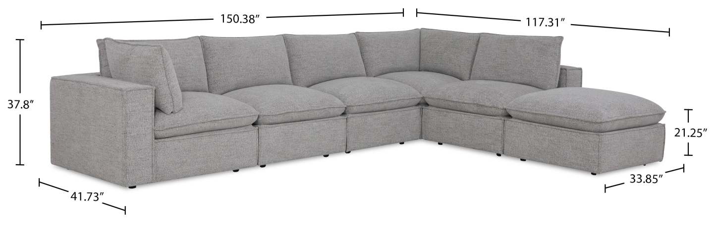 Fusion modulaire 6 pièces en tissu chenille gris argenté avec coussins de dossier amovibles en plumes | Sectionnel modulaire Fusion 6 pièces en tissu de chenille gris argenté avec coussins de dossier amovibles en couette et plumes