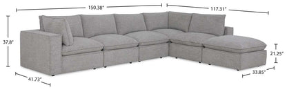 Fusion modulaire 6 pièces en tissu chenille gris argenté avec coussins de dossier amovibles en plumes | Sectionnel modulaire Fusion 6 pièces en tissu de chenille gris argenté avec coussins de dossier amovibles en couette et plumes
