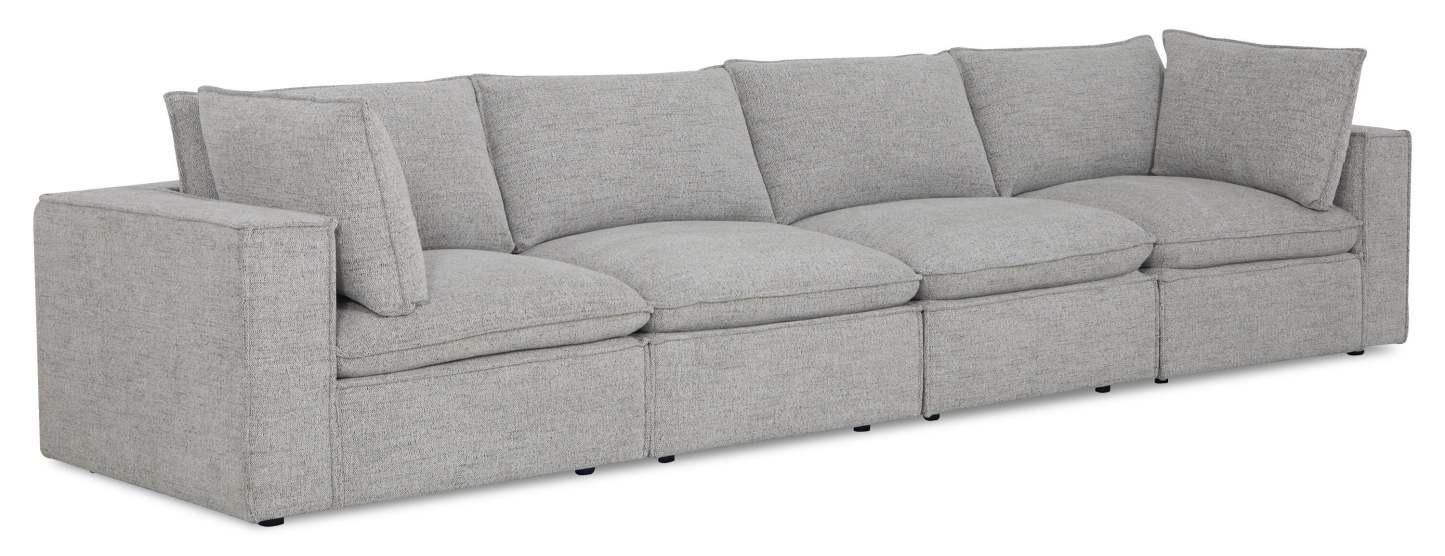 Fusion modulaire 4 pièces en tissu chenille gris argenté avec coussins de dossier amovibles en plumes | Canapé sectionnel modulaire Fusion 4 pièces en tissu chenille gris argenté avec coussins de dossier amovibles en couette et plumes