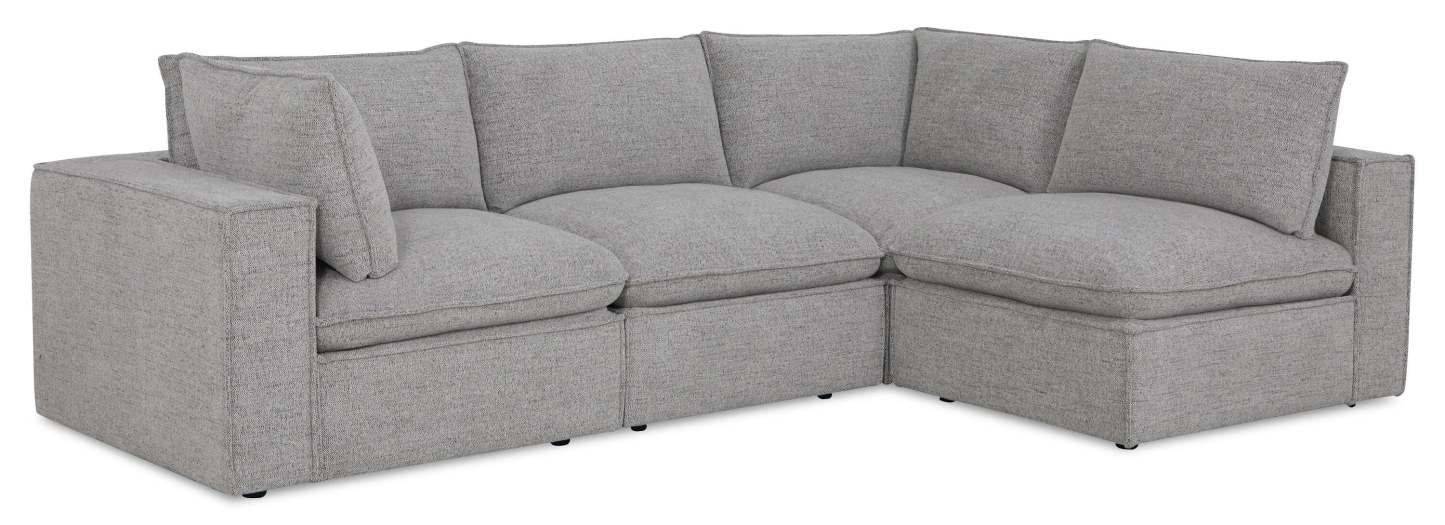 Fusion modulaire 4 pièces en tissu chenille gris argenté avec coussins de dossier amovibles en plumes | Canapé sectionnel modulaire Fusion 4 pièces en tissu chenille gris argenté avec coussins de dossier amovibles en couette et plumes