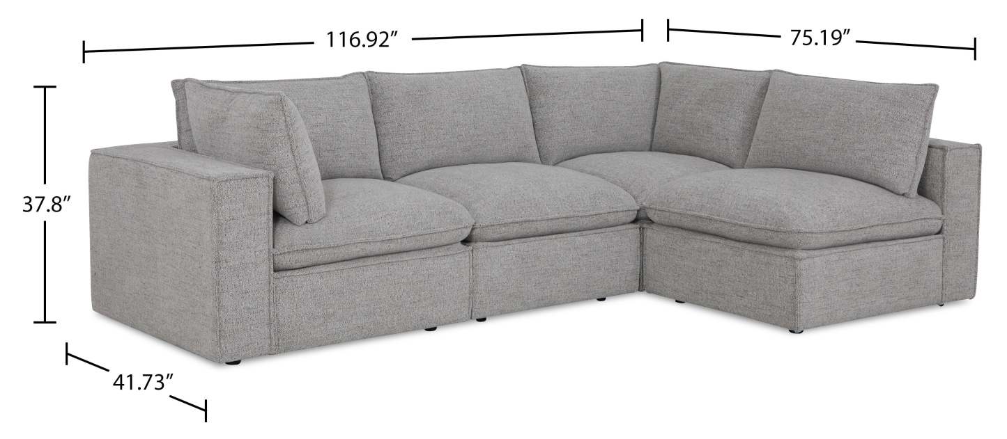 Fusion modulaire 4 pièces en tissu chenille gris argenté avec coussins de dossier amovibles en plumes | Canapé sectionnel modulaire Fusion 4 pièces en tissu chenille gris argenté avec coussins de dossier amovibles en couette et plumes