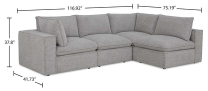Fusion modulaire 4 pièces en tissu chenille gris argenté avec coussins de dossier amovibles en plumes | Canapé sectionnel modulaire Fusion 4 pièces en tissu chenille gris argenté avec coussins de dossier amovibles en couette et plumes