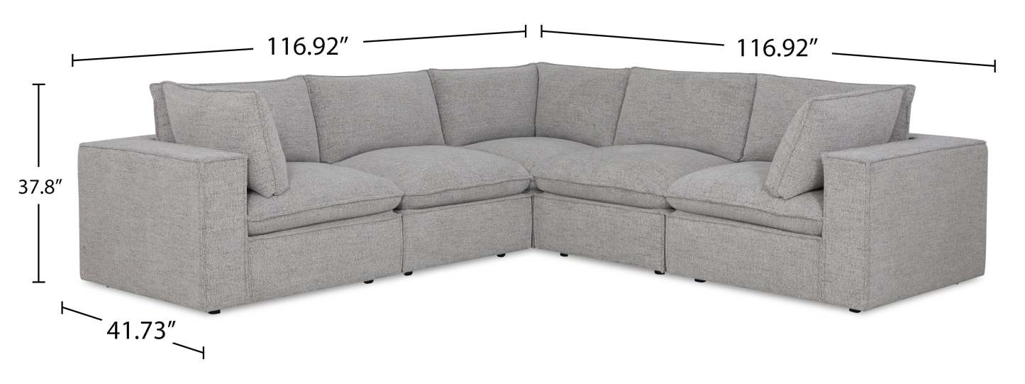 Fusion modulaire 5 pièces en tissu chenille gris argenté avec coussins de dossier amovibles en plumes | Canapé sectionnel modulaire Fusion 5 pièces en tissu de chenille gris argenté avec coussins de dossier amovibles en couette et plumes