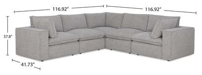 Fusion modulaire 5 pièces en tissu chenille gris argenté avec coussins de dossier amovibles en plumes | Canapé sectionnel modulaire Fusion 5 pièces en tissu de chenille gris argenté avec coussins de dossier amovibles en couette et plumes