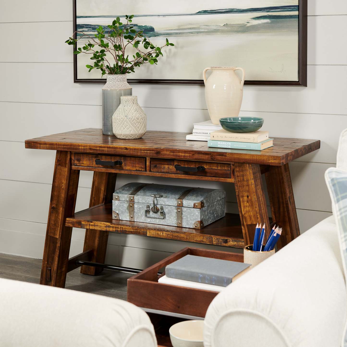 Galeveston 50 Rustic Sofa Table with Storage and Shelf - Brown Woodgrain Wood|Table de salon rustique Galeveston de 50 po avec rangement et tablette - bois à grain de bois brun