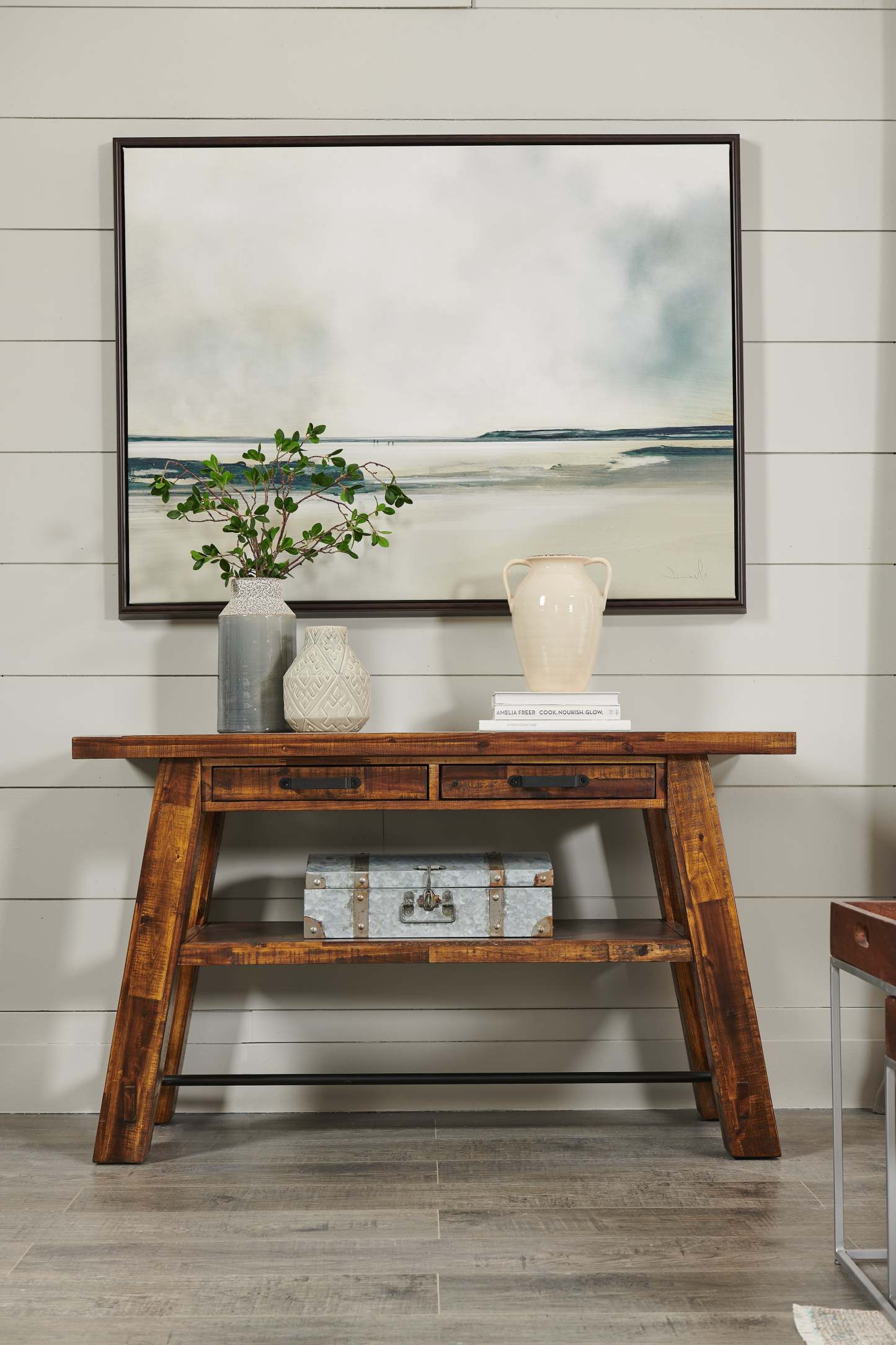 Galeveston 50 Rustic Sofa Table with Storage and Shelf - Brown Woodgrain Wood|Table de salon rustique Galeveston de 50 po avec rangement et tablette - bois à grain de bois brun